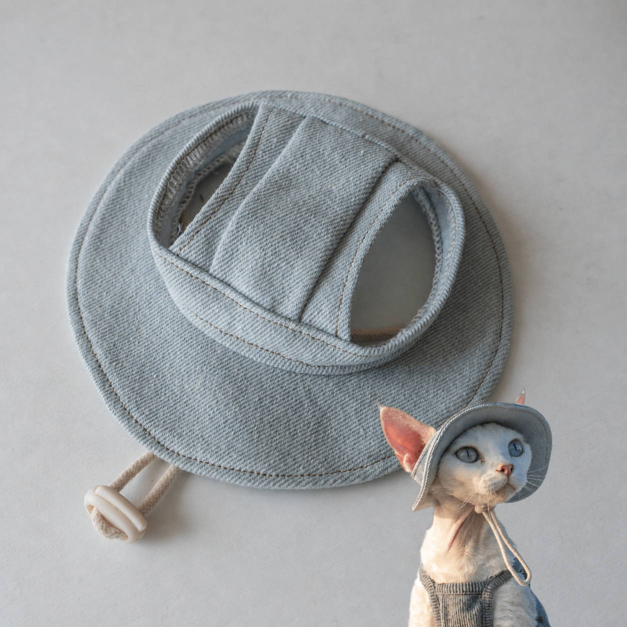 Sphynx Cat Bucket Hat – Cotton Denim Sun Hat with Ear Openings