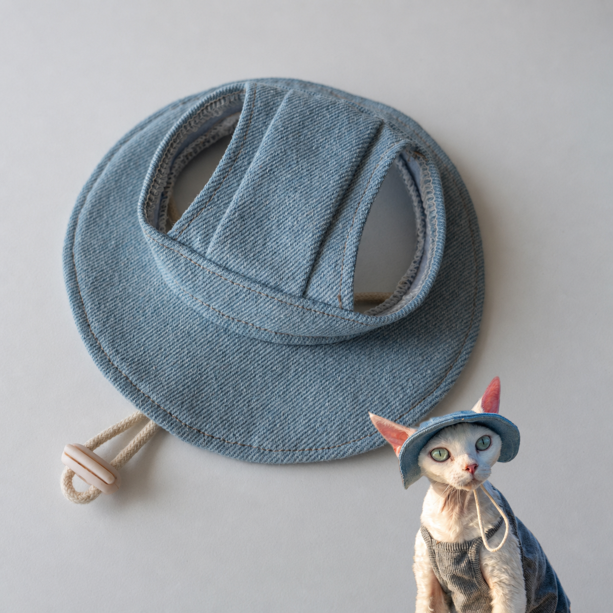 Sphynx Cat Bucket Hat – Cotton Denim Sun Hat with Ear Openings