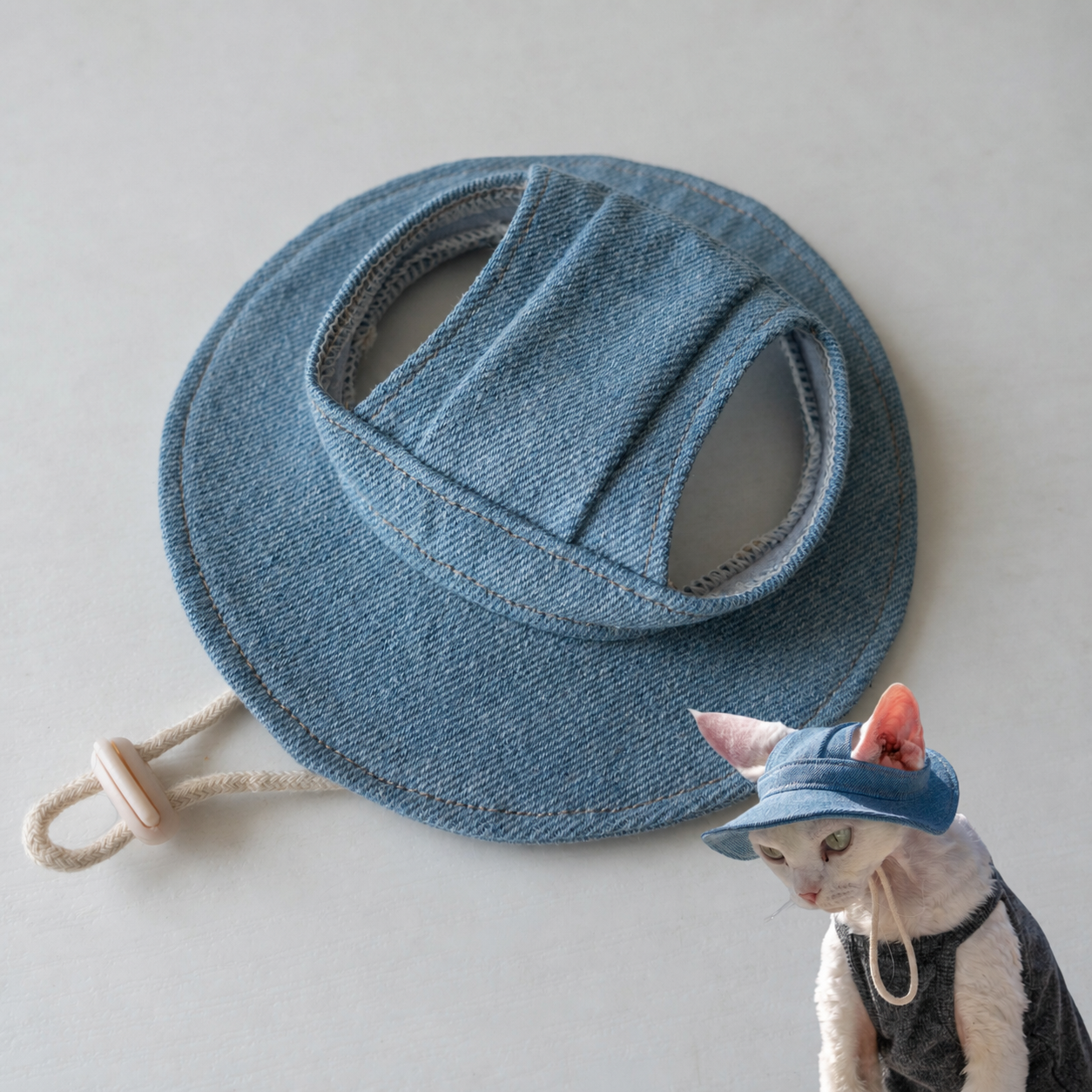 Sphynx Cat Bucket Hat – Cotton Denim Sun Hat with Ear Openings