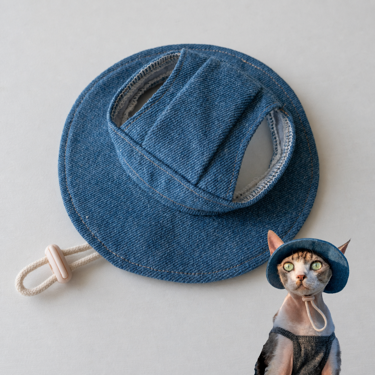 Sphynx Cat Bucket Hat – Cotton Denim Sun Hat with Ear Openings