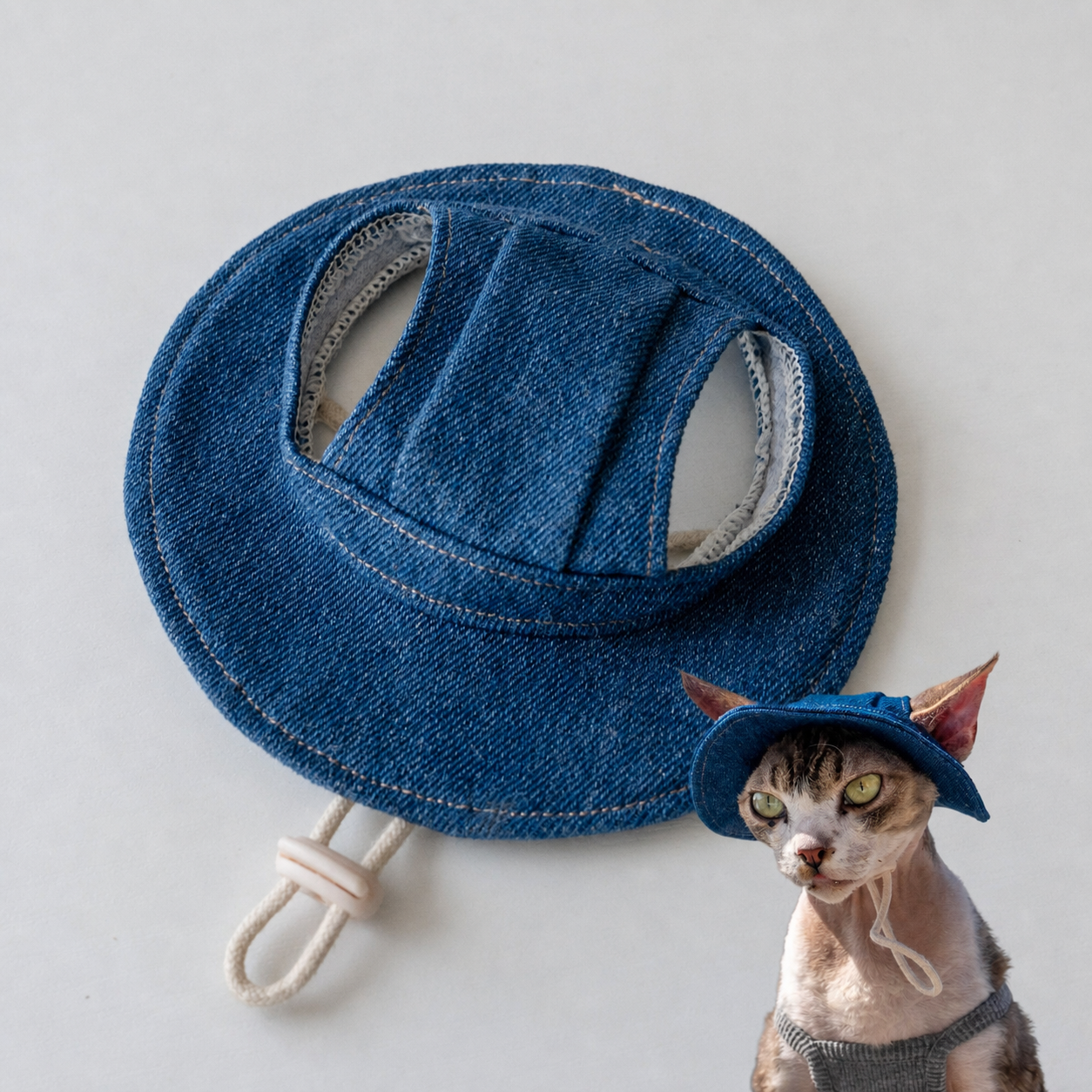 Sphynx Cat Bucket Hat – Cotton Denim Sun Hat with Ear Openings