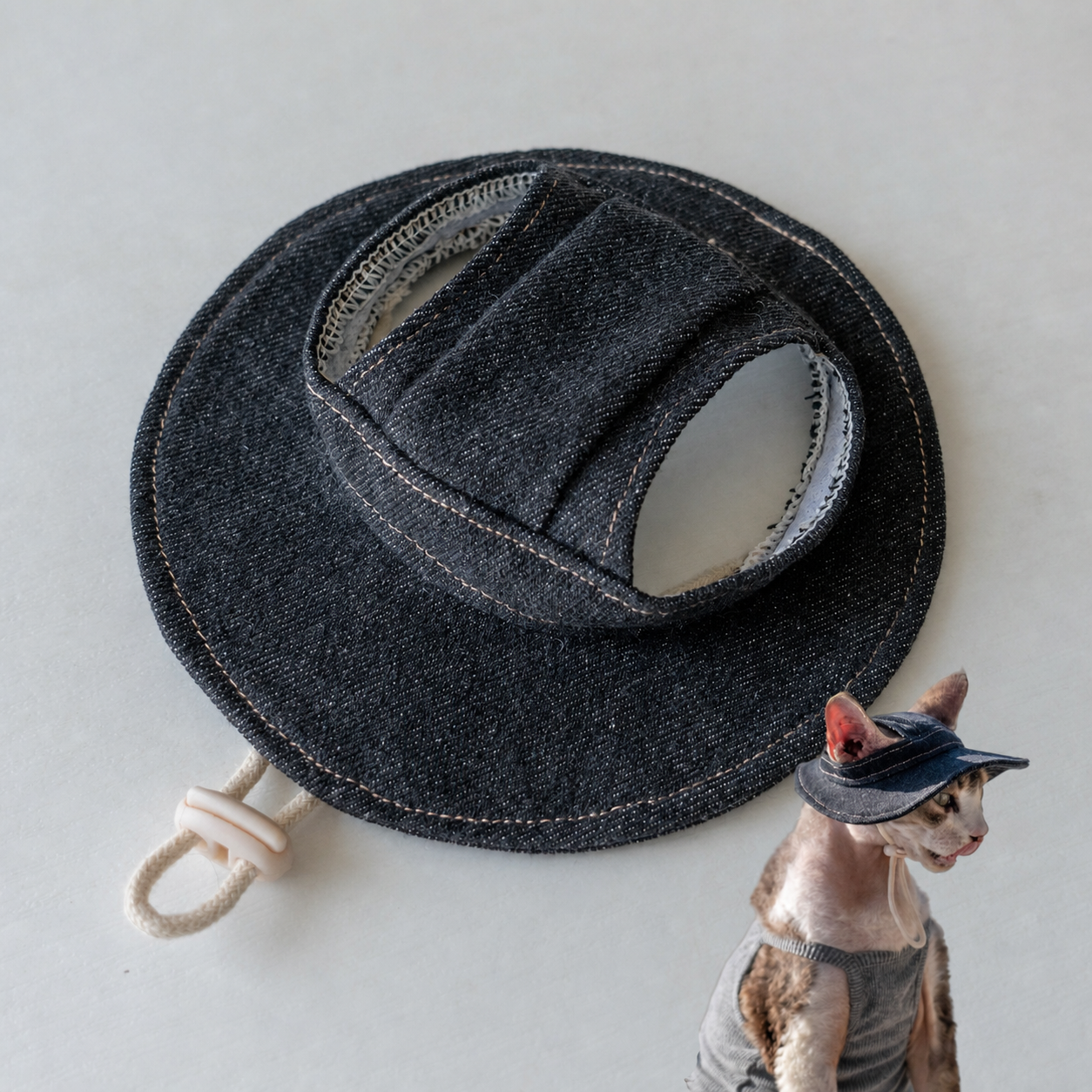 Sphynx Cat Bucket Hat – Cotton Denim Sun Hat with Ear Openings