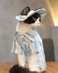 Sphynx Cat Outfit Set – Sky Blue Stripe Tee & Hat