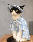 Sphynx Cat Outfit Set – Sky Blue Stripe Tee & Hat