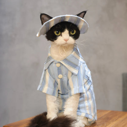 Sky Blue Striped Cotton Tee + Hat – Devon/Sphynx Cat Clothes