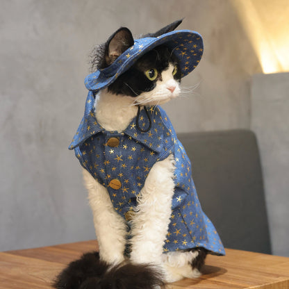 Star Denim Vest Outfit: Shirt + Hat + Buckle for Sphynx &amp; Devon Rex