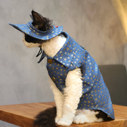 Star Denim Vest Outfit: Shirt + Hat + Buckle for Sphynx &amp; Devon Rex