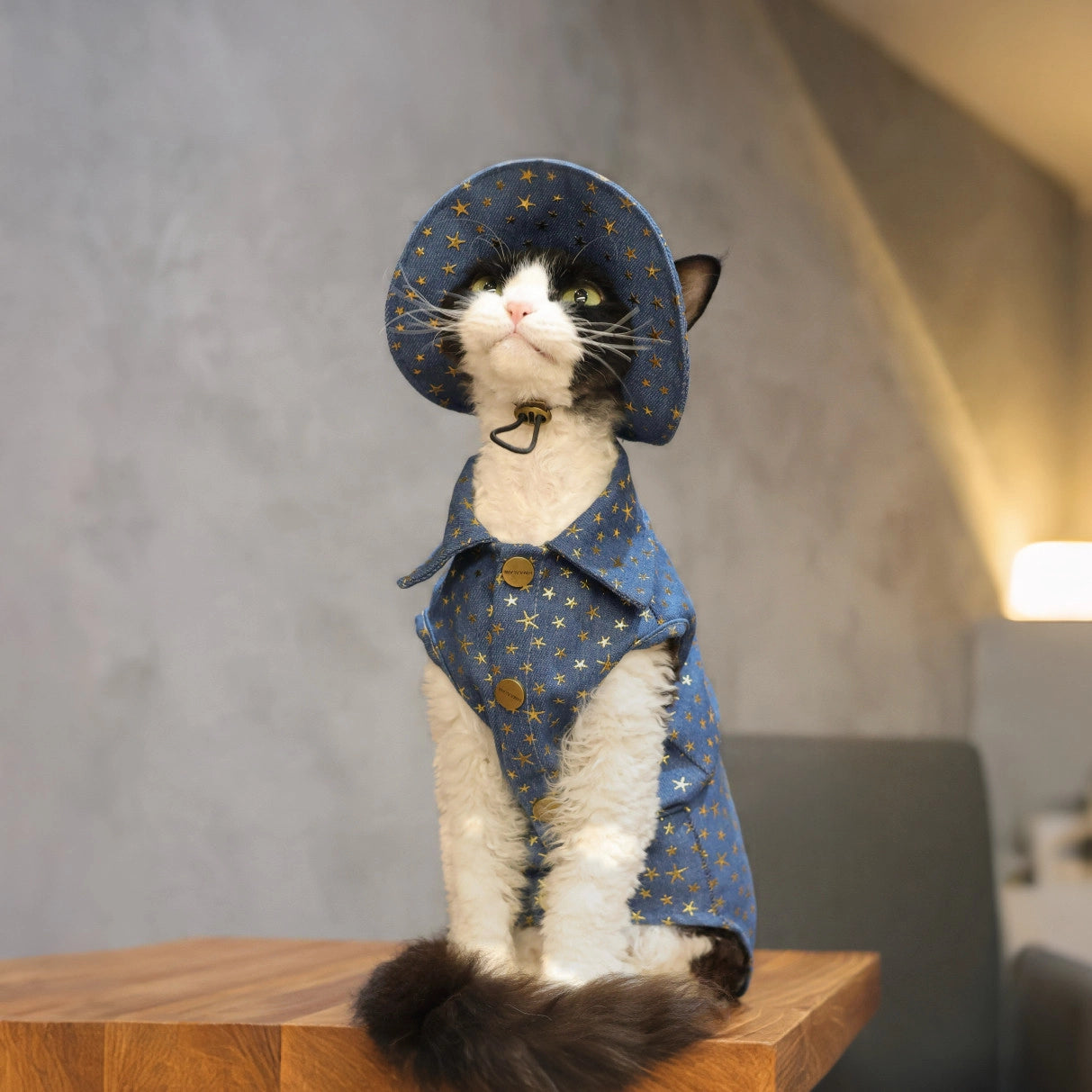 Star Denim Vest Outfit: Shirt + Hat + Buckle for Sphynx &amp; Devon Rex