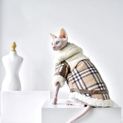 Warm Protect Coat Lamb Fur &amp; Check Collar Sphynx Cat Clothes