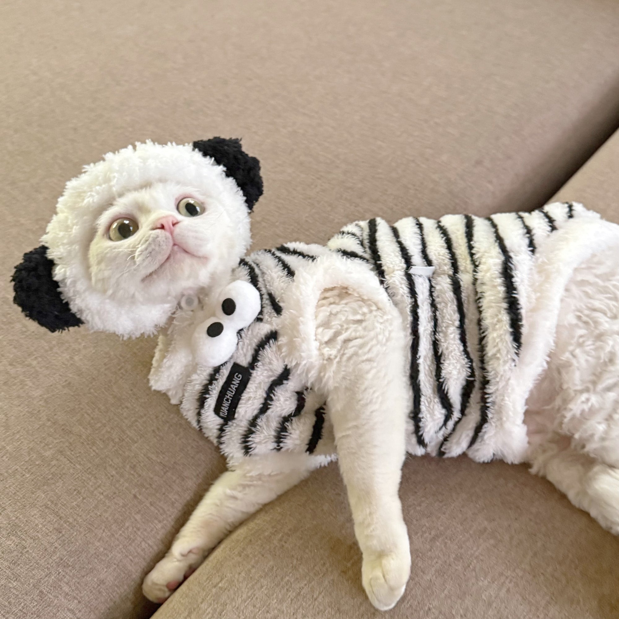 Sphynx Cat Fleece Onesie – Zebra Print Warm Bodysuit