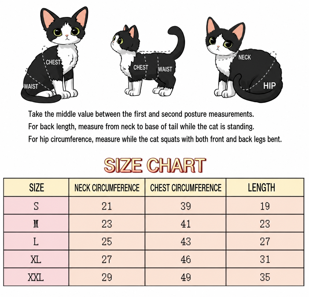 Size chart for organza princess dress, sizes S to XXL